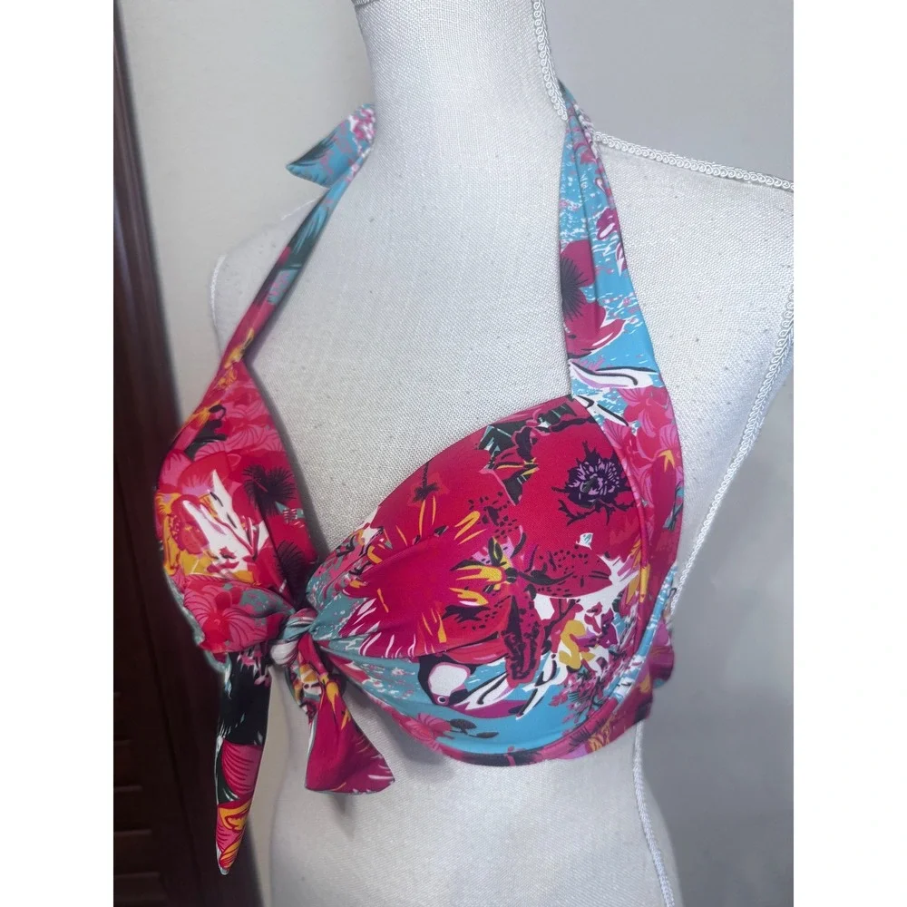 Relleciga Pink Tropical Floral Halter Bikini Top Padded Front Knot Swimwear L